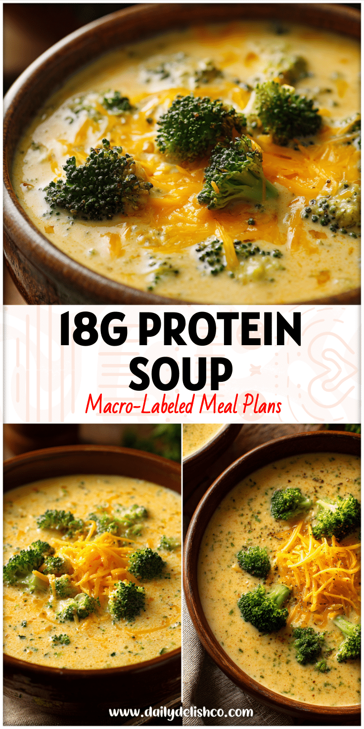 Bowl of creamy broccoli cheddar soup topped with melted cheese and broccoli florets as a healthy soup recipe.